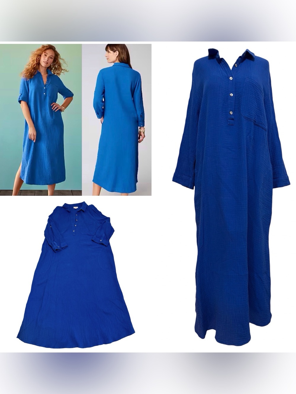 J. Jill Vibrant Blue 100% Cotton Gauze One Pocket Midi Shirtdress Large